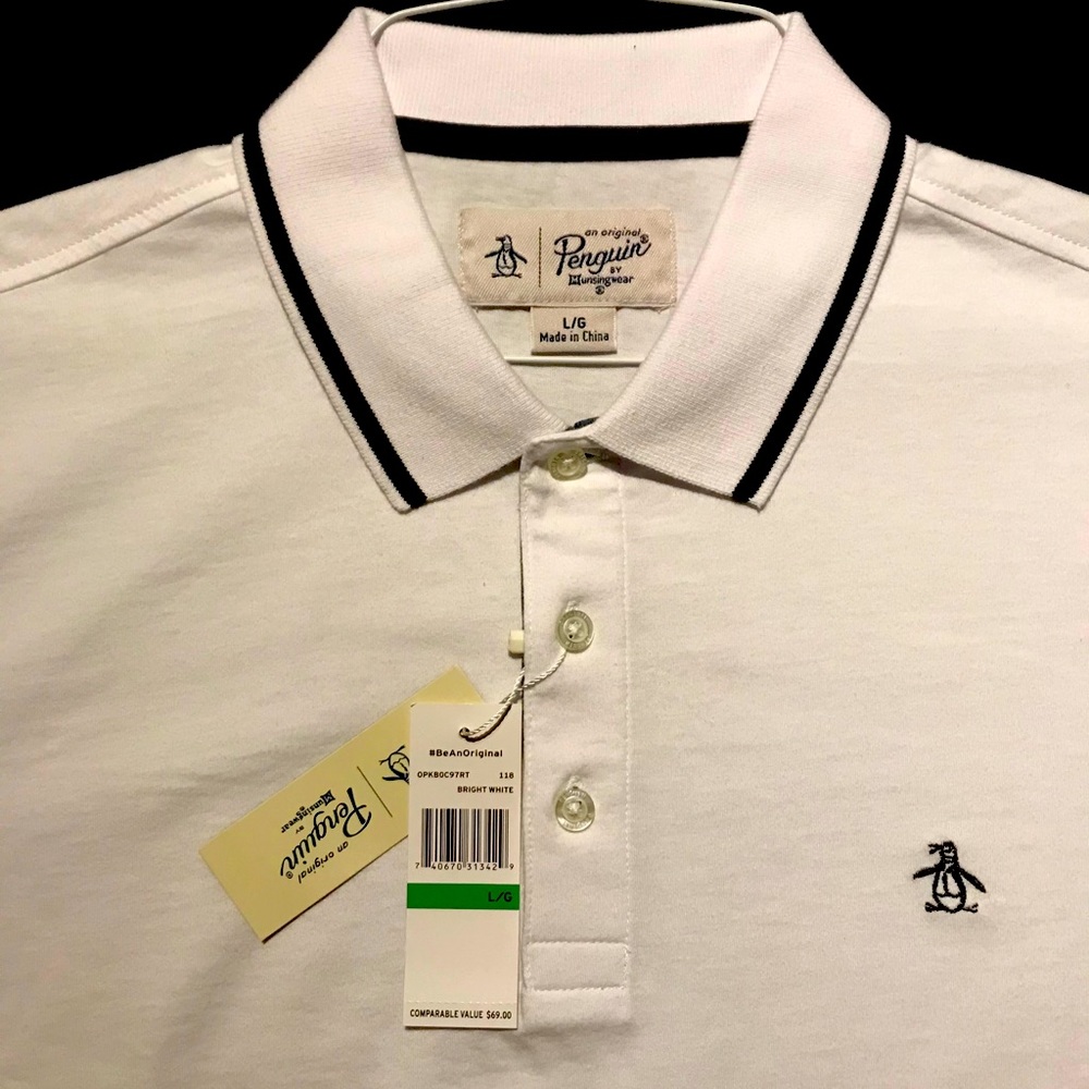 Brand new, unworn, white and black Penguin Polo.